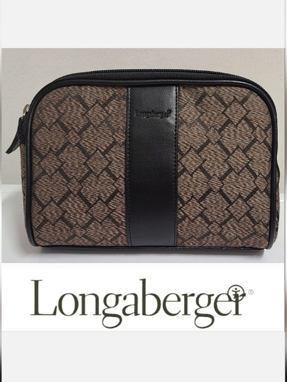 Longaberger Vintage Signature Cosmetic Case Zip Top Brown Diamond Print Classic